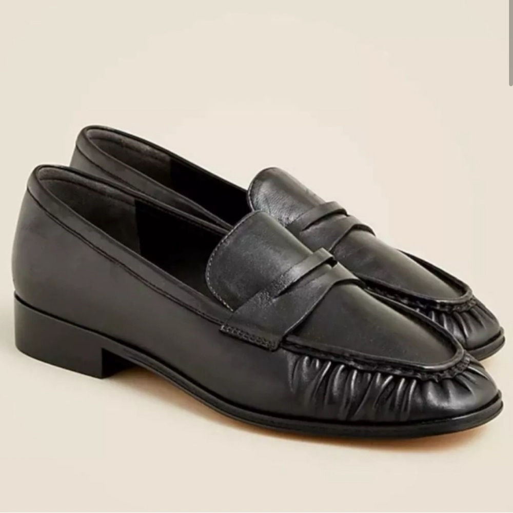 Brand New In Box J.Crew Black Ruched Leather Slip-On Loafers